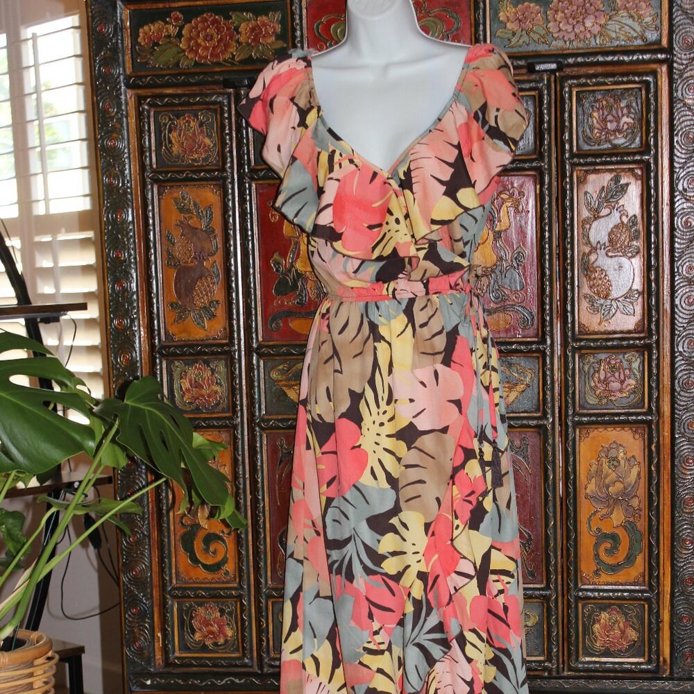 New Indulge Tropical Ruffle Wrap Maxi Dress in a high-low style.